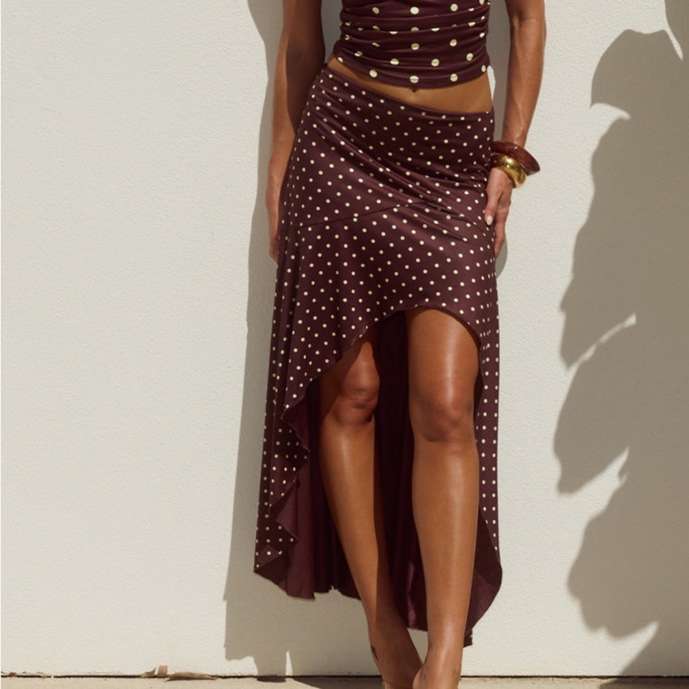 Elegant High-Low Brown Polka Dot Skirt